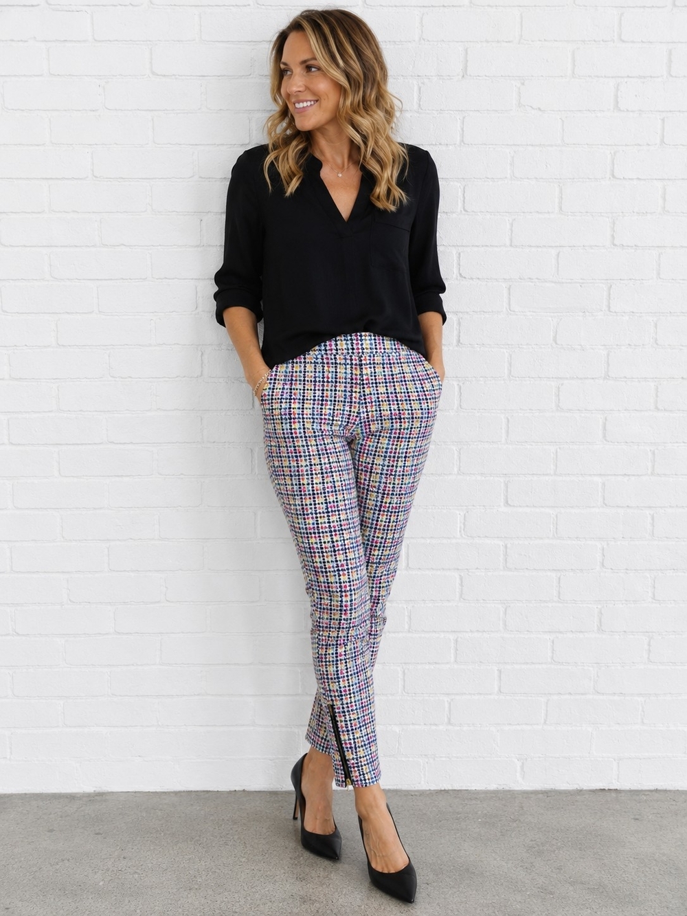 Wonder Nation Multicolor Plaid Houndstooth Knit Pants Girls XXL 18 Ankle Zip